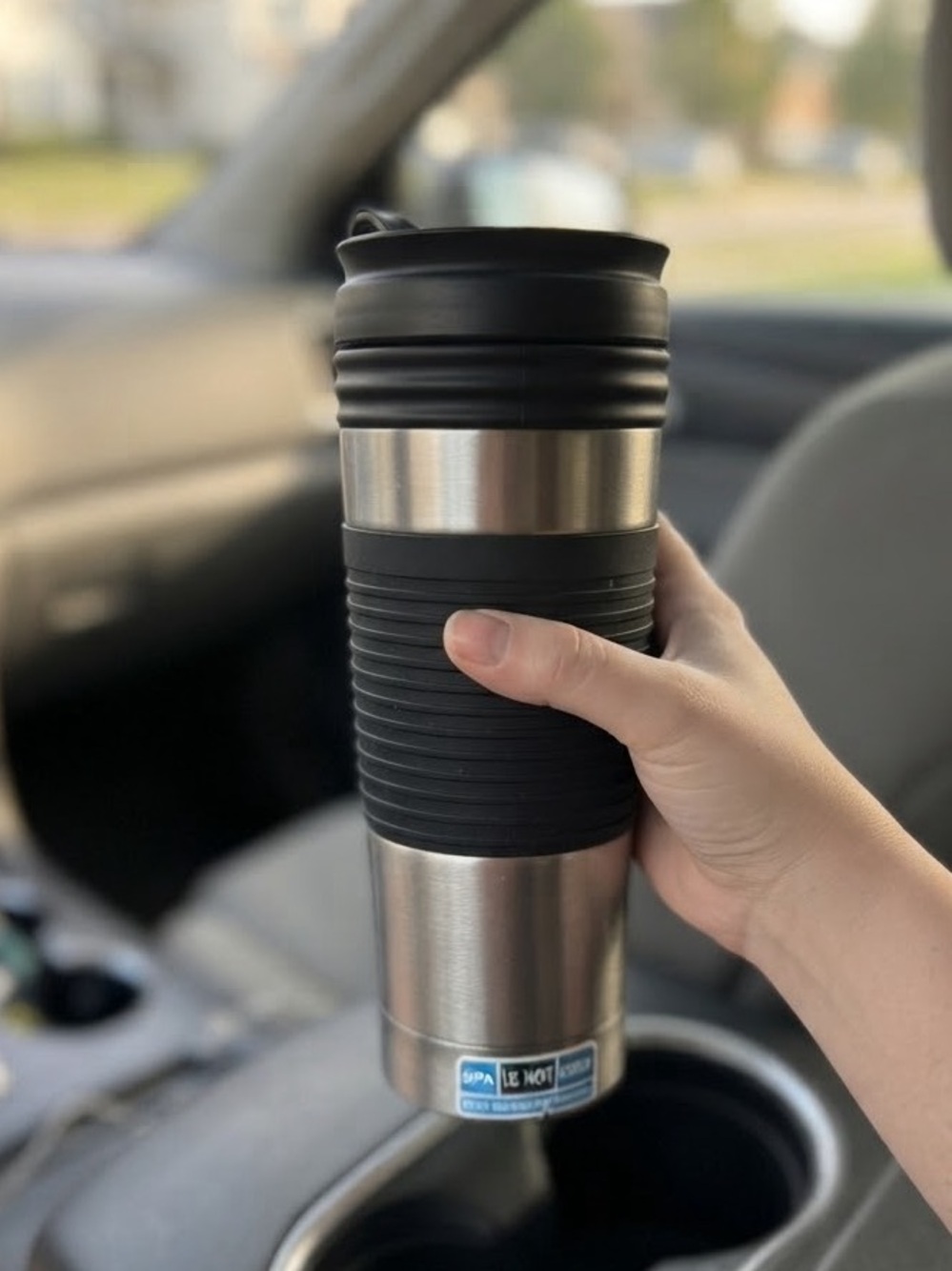 EUC Old Navy Black & Silver Stainless Steel BPA Free Plastic Travel Mug Togo Tea
